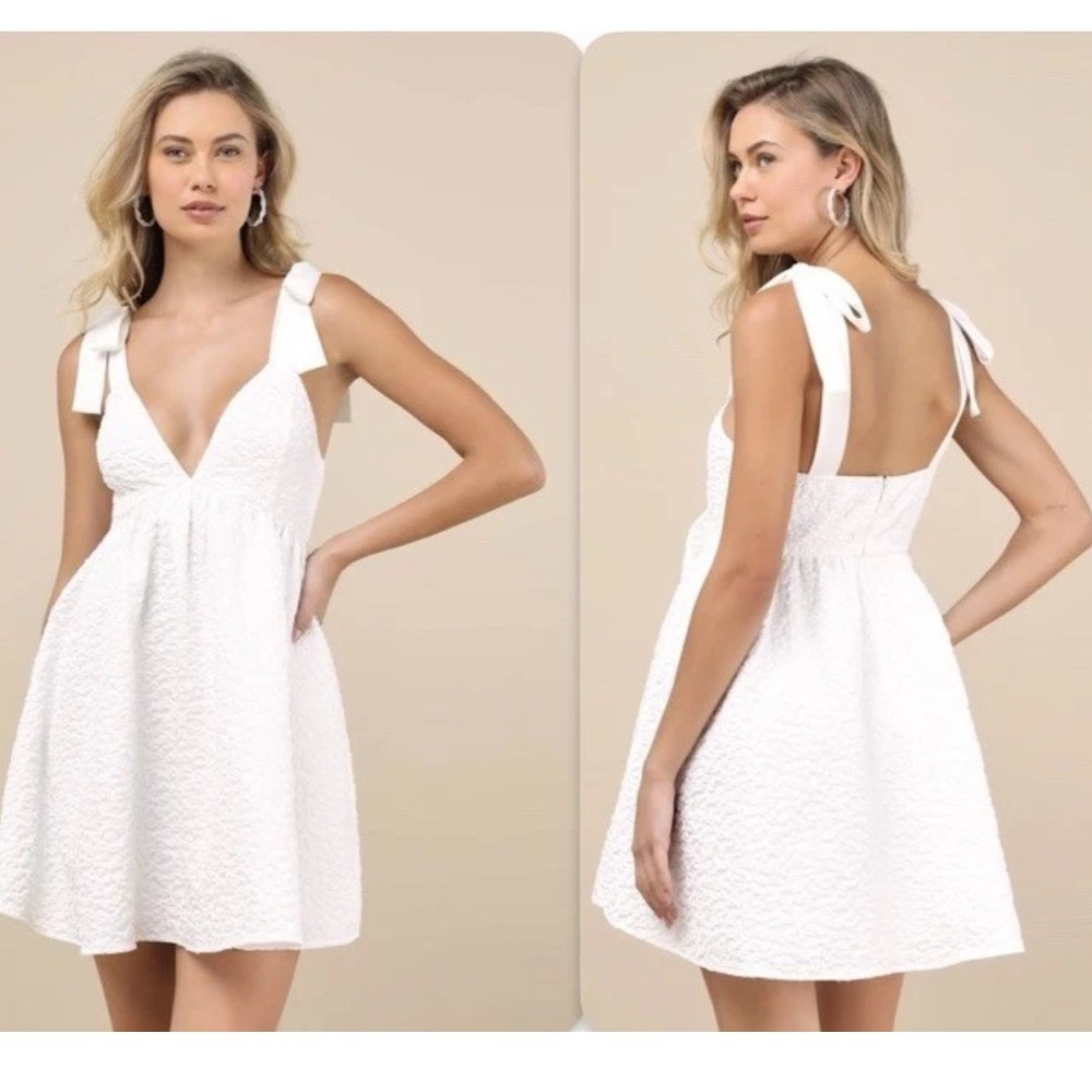 LULU’S Darling Composure White Jacquard Floral Tie-Strap Mini Dress NWT Size L